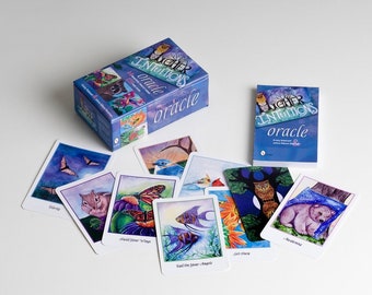 May include: A deck of Higher Intuitions Oracle cards with a blue and purple box and guidebook. The cards feature colorful illustrations of animals, butterflies, and nature scenes. The guidebook has a blue cover with the title "Higher Intuitions Oracle" in white text.