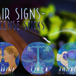May include: A single incense stick with a glowing tip and a trail of smoke, positioned above three circular illustrations representing the zodiac signs Gemini, Libra, and Aquarius. The text AIR SIGNS INCENSE STICKS is displayed in blue.