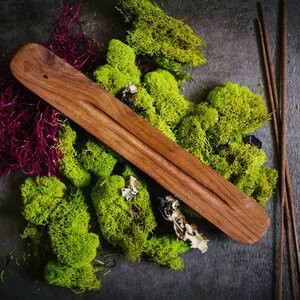 Puede incluir: Un porta incienso de madera con una ranura, rodeado de musgo verde vibrante, hebras decorativas moradas y varios palitos de incienso. La disposici&oacute;n se encuentra sobre un fondo oscuro y texturizado, creando una est&eacute;tica natural y terrosa.