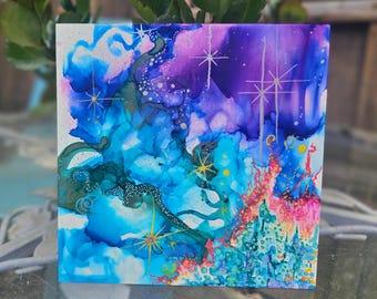 Sea of Stars Painting: Ocean and Night Sky Artwork (Original 6x6 Acrylic) | Incense Sticks