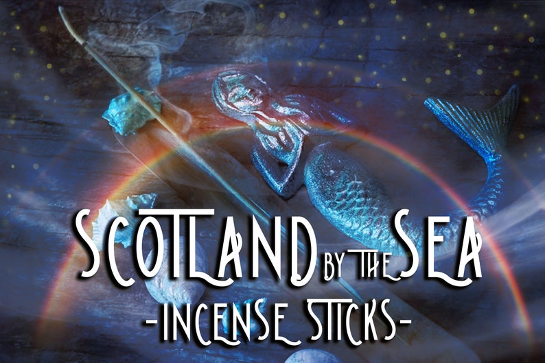 May include: A blue mermaid figurine with a rainbow and smoke in the background. The text "Scotland by the Sea - Incense Sticks -" is printed on the image.