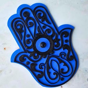 3D Printed Hamsa Incense Holder: Black on Blue Hand of Fatima Decor