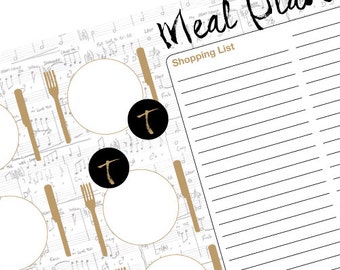 Meal planner + Shopping List Instant Download - gold plates and music background