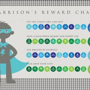 May include: A reward chart for a child with a superhero theme. The chart has four sections: Use the toilet like a big boy, Have a bath when mummy and daddy ask, Get dressed by yourself, and Pack away your toys. Each section has a row of colorful circles with different phrases and a super prize at the end of each row.