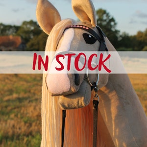 May include: A light brown and white horse head with a black bridle and pink rhinestones. The horse has a long, white mane and tail. The horse is in stock.