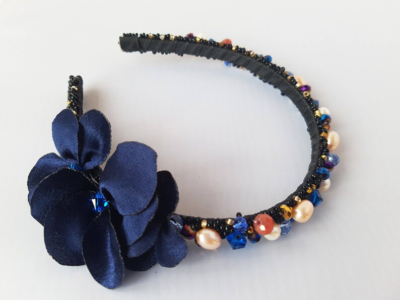 Blue Headband Embroidered Headband Flower Headbands Etsy