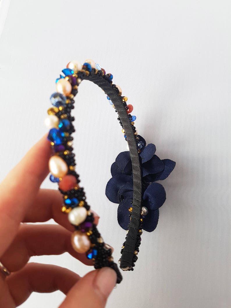 Blue Headband Embroidered Headband Flower Headbands Etsy