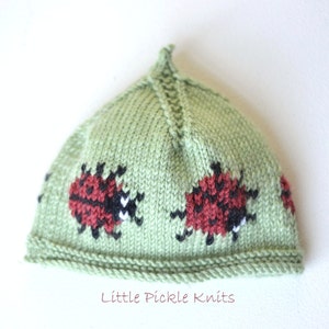 Puede incluir: Un gorro de punto verde con la parte superior puntiaguda y un borde blanco. El gorro tiene un patrón de mariquitas rojas con manchas negras.
