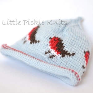 Puede incluir: Un gorro de bebé de punto azul claro con un diseño de petirrojo rojo y marrón. El gorro tiene un borde rojo.