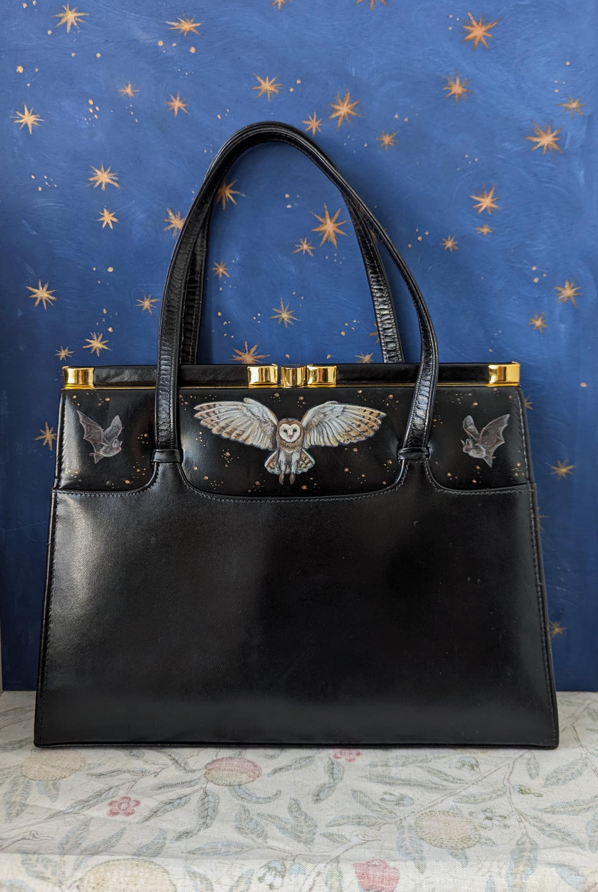Vintage Leather Bag with Barn Owl and Bats painting by Irene Owens