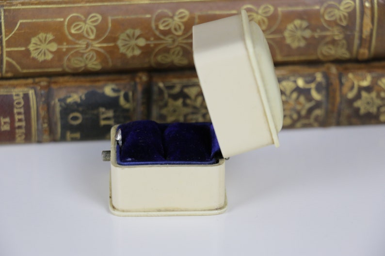 Vintage Ring Box Engagement or Wedding Ring Box with Blue Velvet Interior