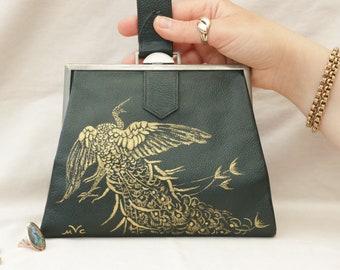 1930's Leather Swing Bag with with Peacocks painting by Irene Owens