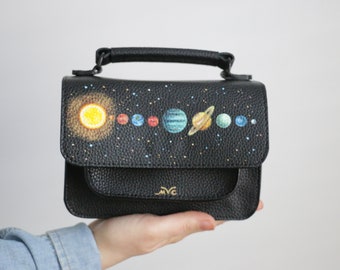 Solar System - Hand Painted Leather Cross Body Bag by Irene Owens