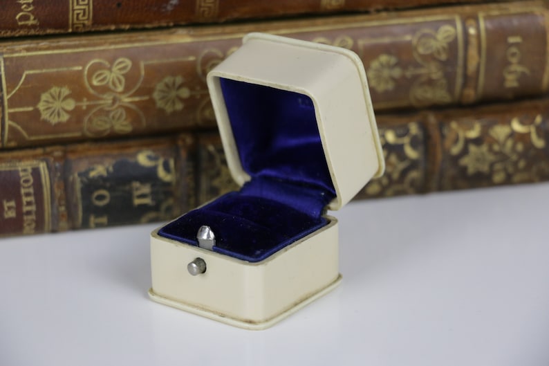 Vintage Ring Box Engagement or Wedding Ring Box with Blue Velvet Interior