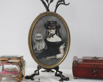 Masquerade Lady and her Cat - Painting by Irene Owens in Antique Frame