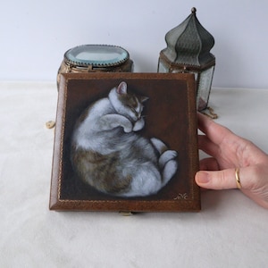 Antieke sieradendoos met schilderij slapende kat door Irene Owens