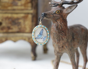 Blue Bird - Antique 9ct Gold Locket with Painting by Irene Owens