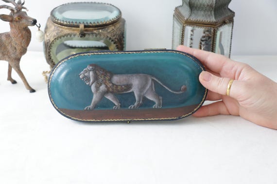 Antique Jewellery box with Assyrian Lion painting by Irene Owens