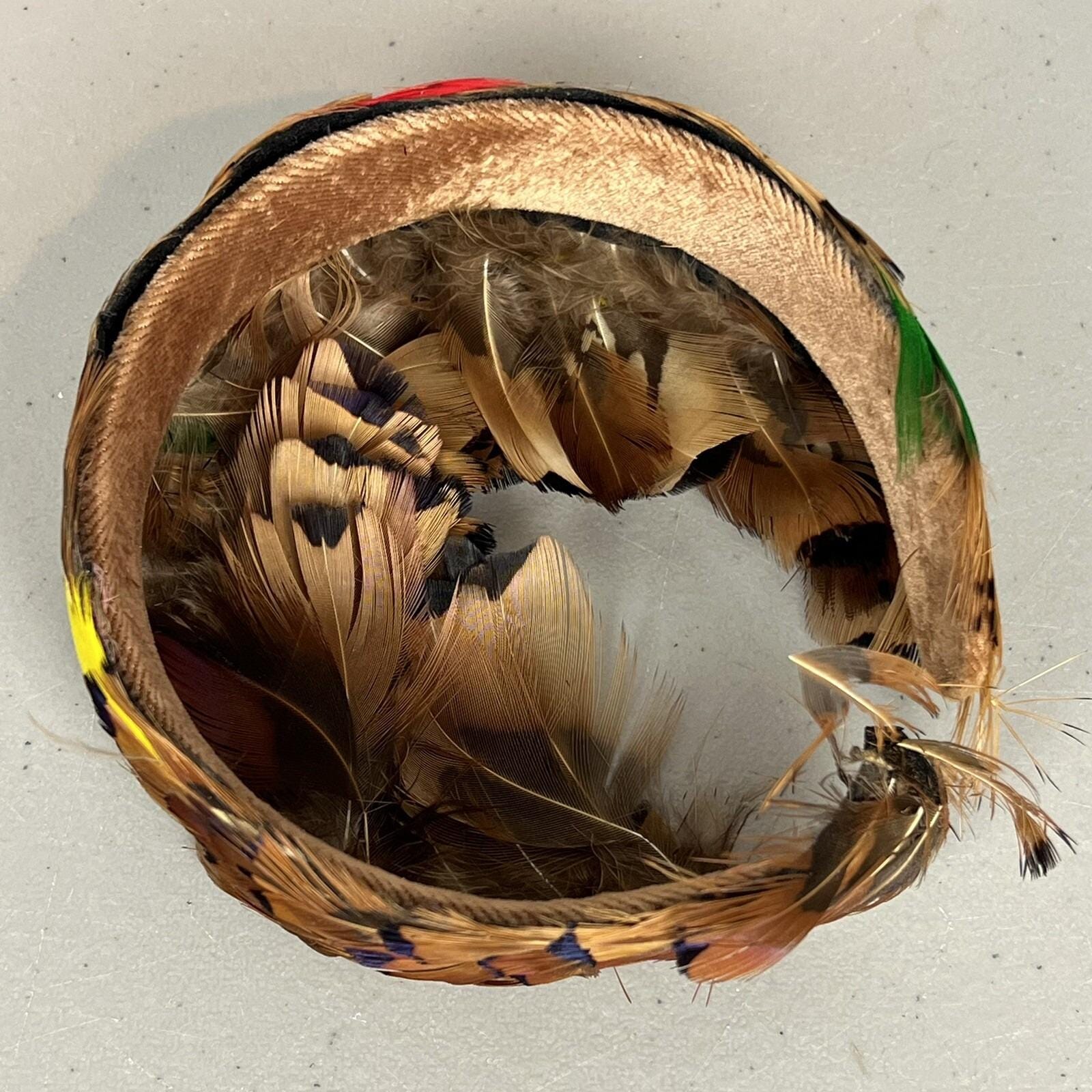 Vintage 50s 60s Pheasant Feather Fascinator Headband Hat Brown JS Vintage Pheasant Feather Fascinator Brown Headband Mid  main image 2