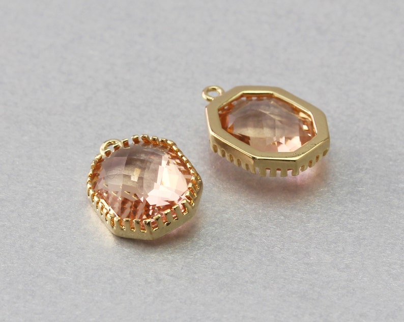 Polished Gold Plated Peach Hexagon Glass Pendant Brass Framed 10 Pieces G1006G-PC010
