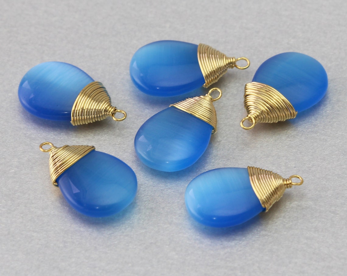 Blue Cat Eye Gemstone Pendant . Polished Gold Plated . 10 Etsy