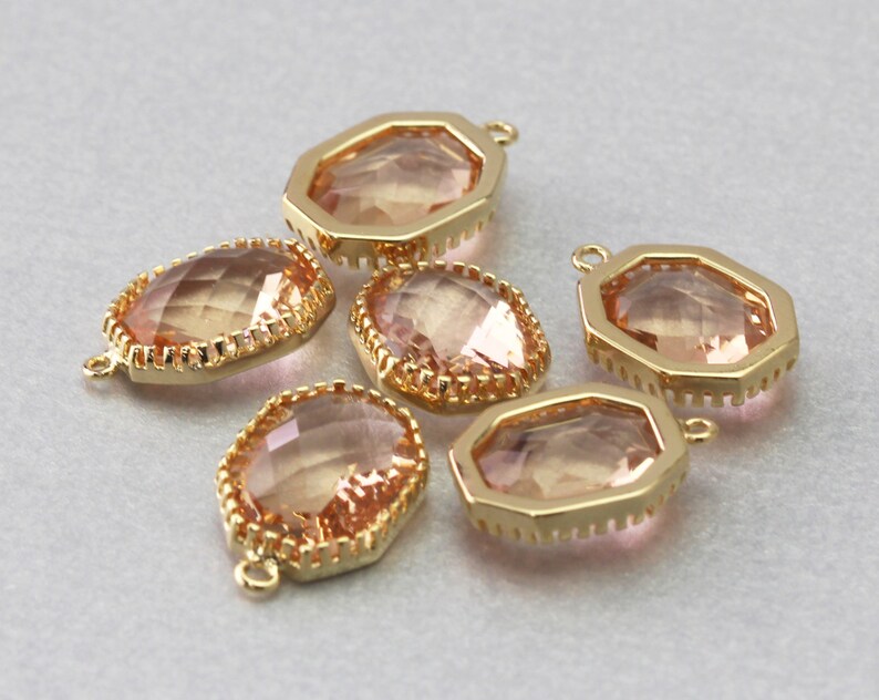 Polished Gold Plated Peach Hexagon Glass Pendant Brass Framed 10 Pieces G1006G-PC010