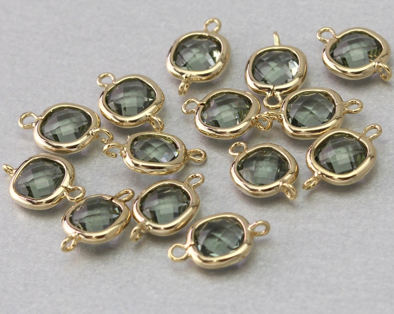 Polished Gold Plated Charcoal Square Glass Connector 10 Pieces G1044G-CC010 Brass Framed