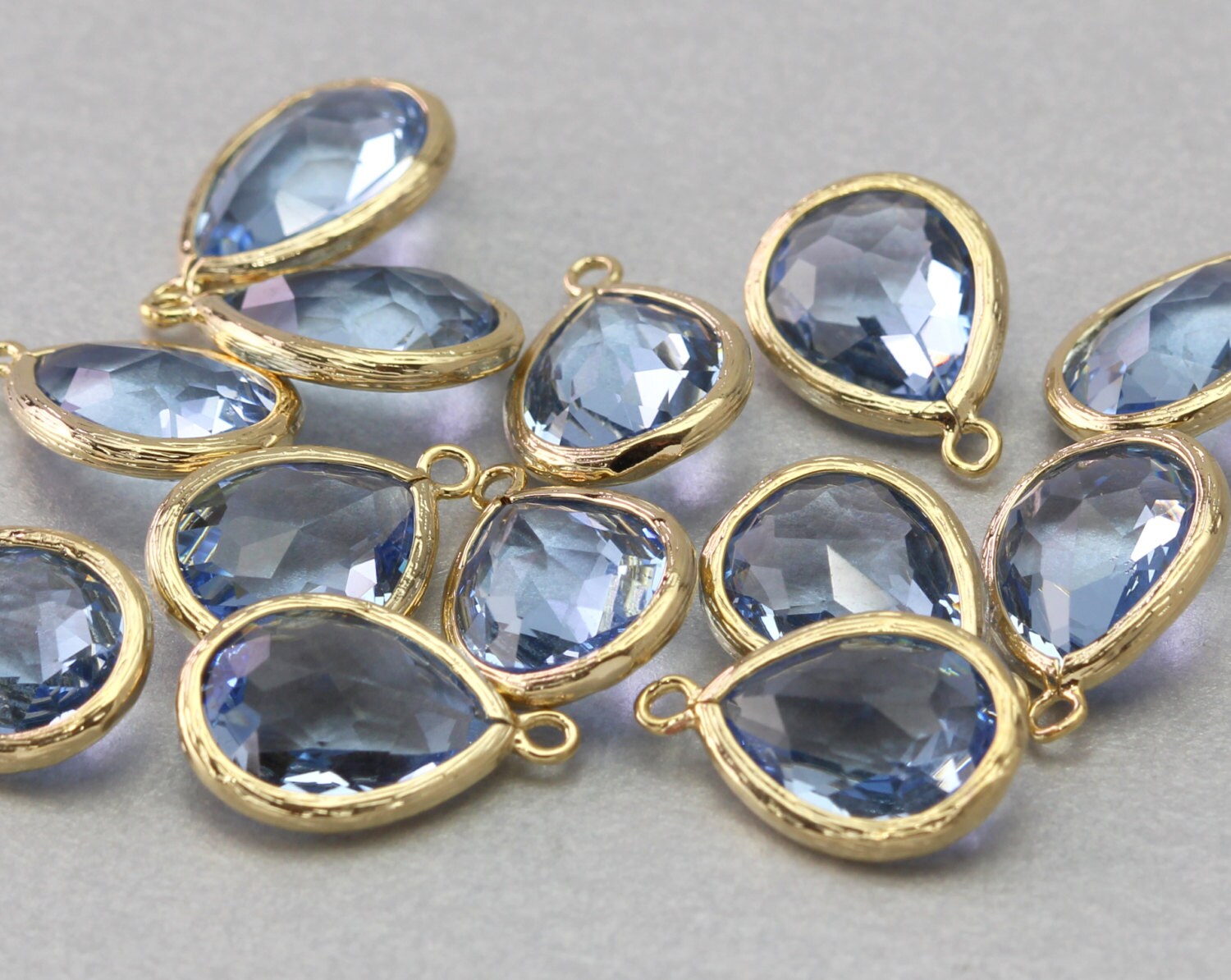 Light Sapphire Teardrop Glass Pendant . Polished Gold Plated . | Etsy
