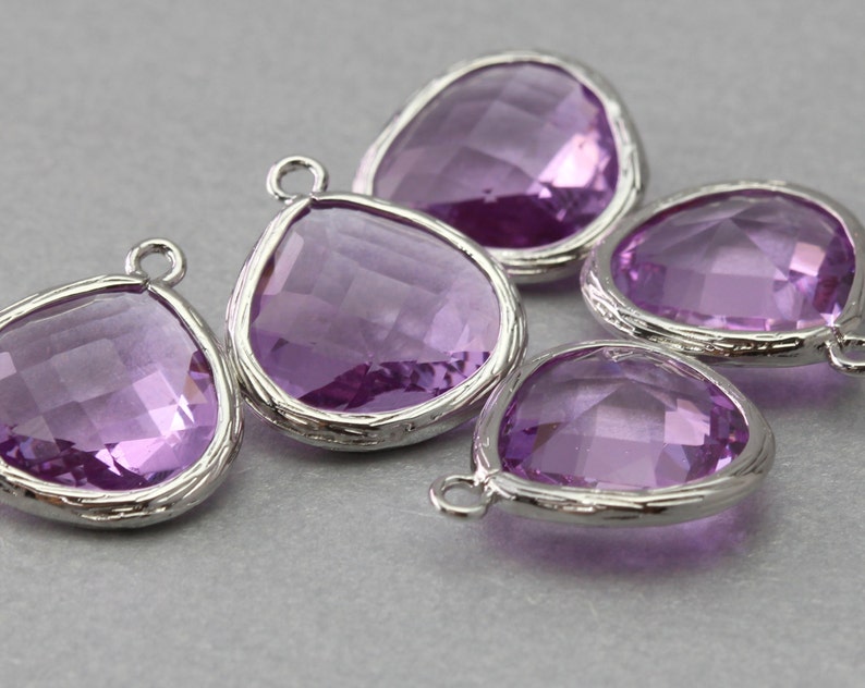 Polished Original Rhodium Plated Lavender Teardrop Glass Pendant Brass Framed 10 Pieces G2002S-LV010
