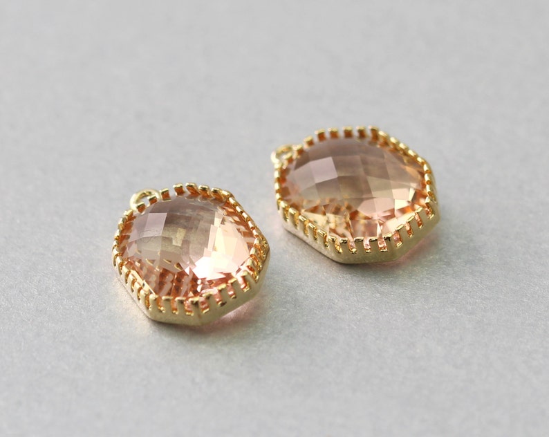 Polished Gold Plated Peach Hexagon Glass Pendant Brass Framed 10 Pieces G1006G-PC010