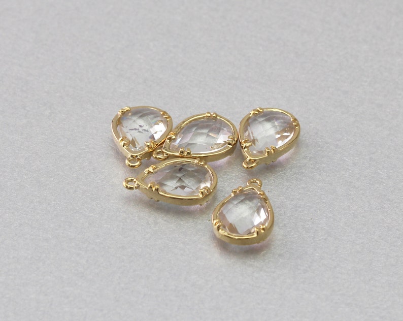 Polished Gold Plated 10 Pieces G1002G-CR010 Brass Framed Crystal Teardrop Glass Pendant