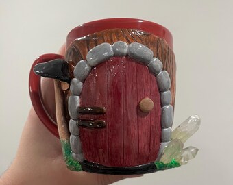 Polymer clay crystal mug, mushroom hand sculpted coffee cup, quartz decor, fairy door, festival accessories, rave cup