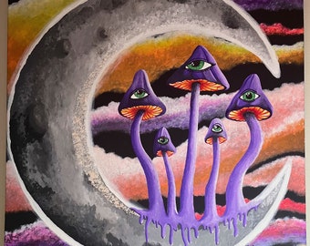 Whimsical Moon and Mushroom Canvas Painting, festival art, Hand-Painted Fantasy Art for Your Home Decor, witchy decor
