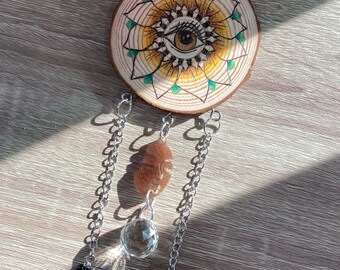 Evil eye sun catcher - sunflower - wood burn - pyrography - hanging crystal - gemstone - Christmas gift - boho decor - wall hanging