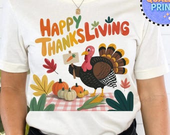 Happy Thanksliving Shirt Women, Personalized Vegan Turkey Graphic Tee, Custom Thanksgiving Holiday T Shirt
