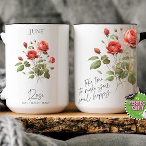June Birthday Gift Mug, Personalized Rose Flower Cup, Custom Birth Month Coffee Mug, Botanical Floral Kitchen Gift