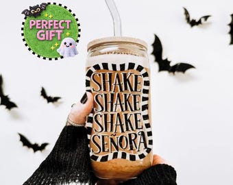 80s Cult Horror Glass Tumbler, Shake Senora Personalized Retro Gothic Stripe Drinkware, Custom Libbey Style Cup, Spooky Season Gift
