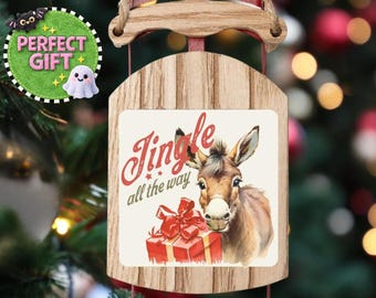 Donkey Christmas Sled Ornament, Personalized Farmhouse Decor, Custom Holiday Tree Gift, Stocking Stuffer, Animal Lover