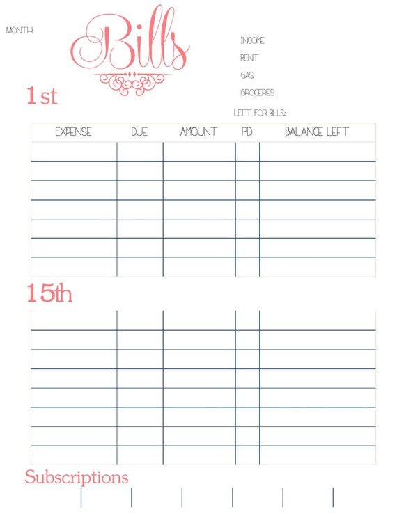 Each bill tracker has a simple layout that is so easy to use! Bill Organizer Printable Template Etsy