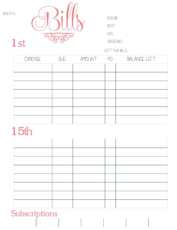 Each bill tracker has a simple layout that is so easy to use! Bill Organizer Printable Template Etsy