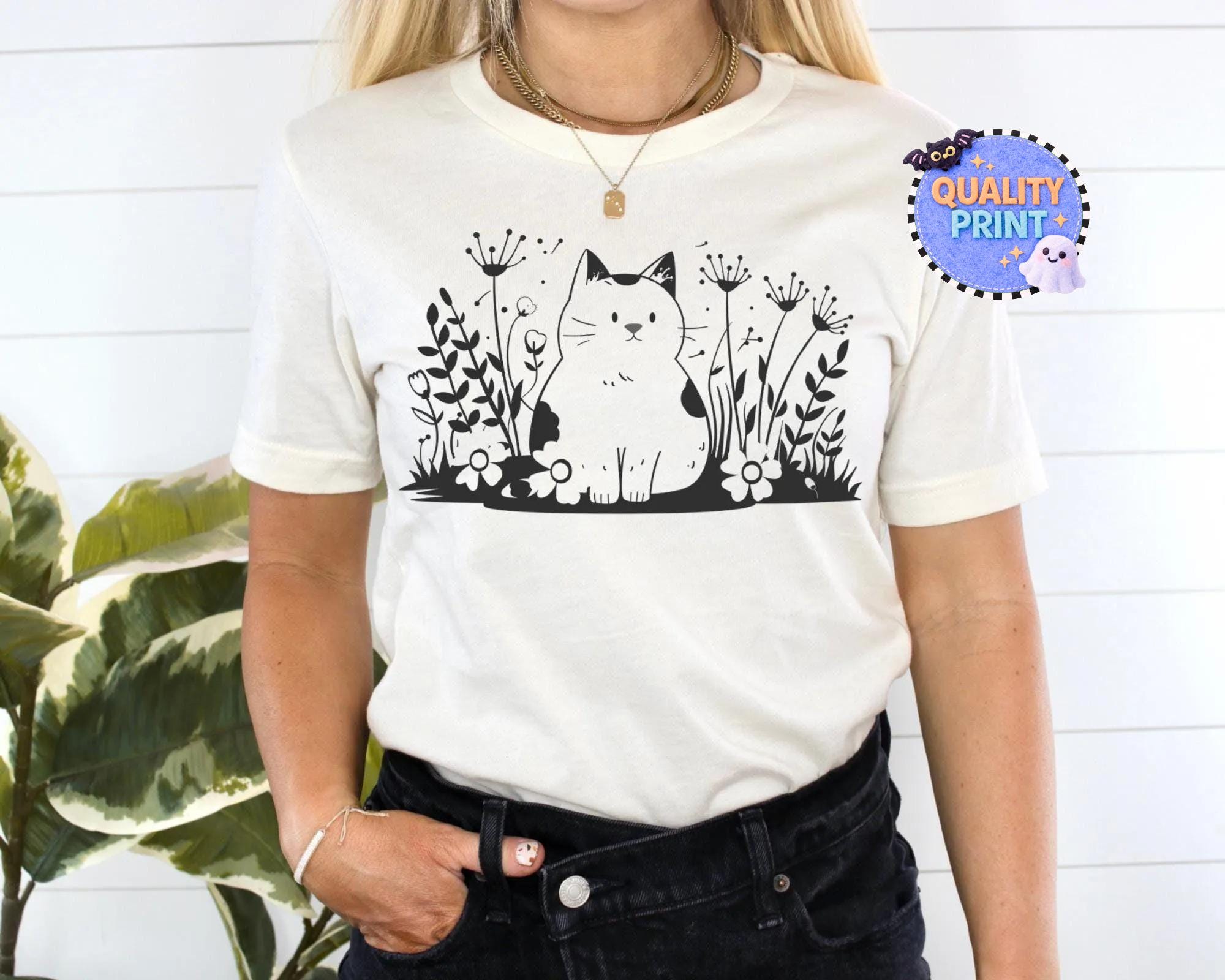 Cat Lover Shirt, Cottagecore Floral Cat Graphic Tee, Minimalist Black ...