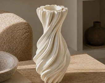 3D Printed Porcelain Vase: Wavy Organic Design, Minimalist Home Decor