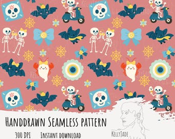 Spooky Amalfi Summerween naadloos bestand digitaal papier 300 DPI PNG Instant Download stof Surface Design Halloween citroenskelet Ghost