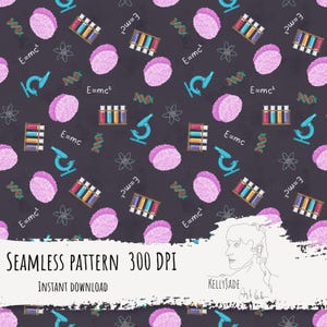 May include: A seamless pattern featuring a black background with pink brains, test tubes, microscopes, DNA strands, and the equation E=mc². The pattern is 300 DPI.