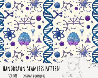DNA wetenschap hersenen naadloos bestand digitaal papier 300 DPI PNG Instant Download stof oppervlakteontwerp natuurkunde biologie scheikunde atomen