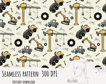 Bouwkraanmachines Naadloos bestand digitaal papier 300 DPI PNG Instant download Stof Surface Design Bulldozer Boys-patronen voor kinderen