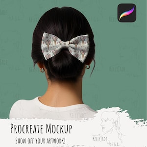 Può includere: Un mockup di Procreate con una donna con un chignon che indossa una camicia bianca e un fiocco floreale con coni gelato. Il testo "Procreate Mockup" e "Show off your artwork!" è visualizzato sotto l'immagine.