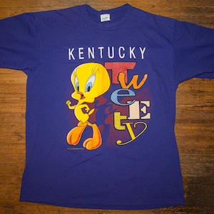 Vintage 90s Tweety pájaro camiseta Looney Tunes deletrear Kentucky Pop Cultura púrpura Velva Sheen hecho en EE.UU. dibujos animados EUC grande M / L