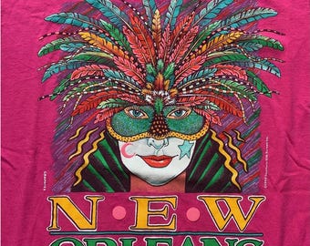 Vtg 90s New Orleans T Shirt Glitter Masquerade Mask Art Feathers Rainbow Moon FOTL Medium