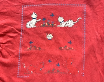 Vtg 80s 90s Adorable Cats T Shirt Folk Art Flowers Butterfly Cute Pink Distressed Graphic Faded Single Stitch Medium